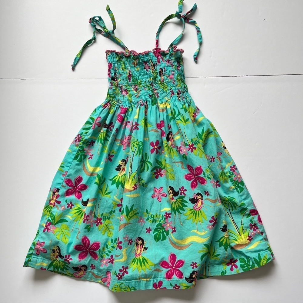 RJC Hawaii Baby Girl Dress Tropical Hawaiian Hula  Teal Smocked Stretchy Sz 6x